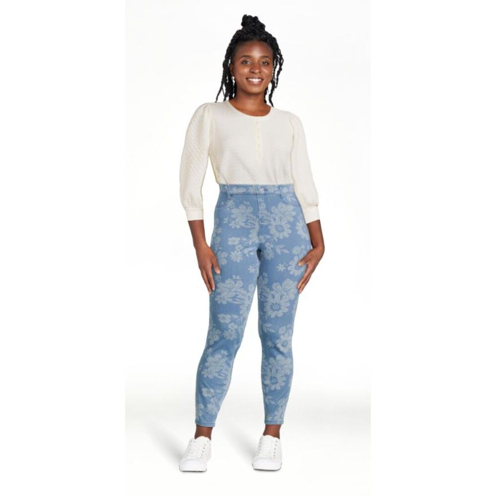 Time & Tru Jeggings XS 0 2 Women's Blue Floral High Rise Denim Jean Jeggings